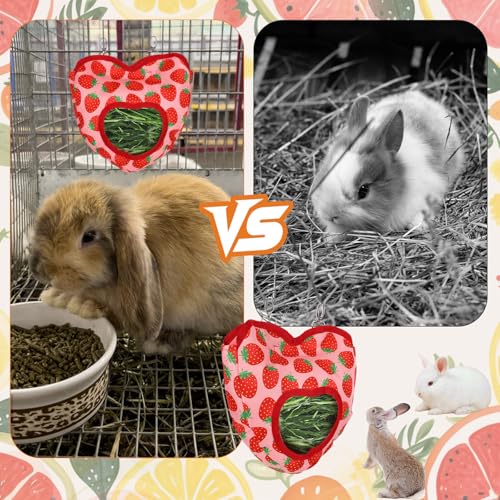 Rabbit Hay Feeder, 1 Hole Hanging Hay Bag for Rabbits Guinea Pig Bunny Chinchillas Washable Rabbit Hay Holder 10.6x11.8inch - color: heart strawberry