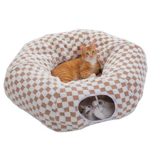 PEQULTI Brown Donut Cat Tunnel Bed Washable Plush Mat Multi for Small Pets | Round play tube with soft detachable plush mat, multi-pet toy fit indoor cats, kittens, puppies, rabbits and ferrets - color: Brown