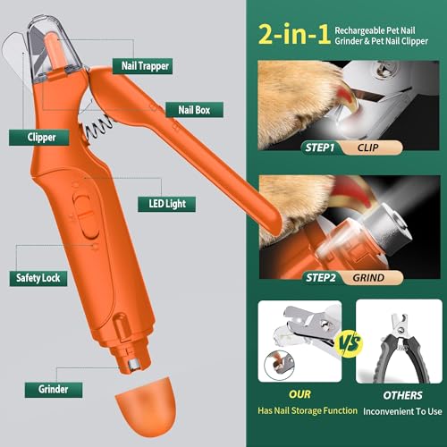 2 in 1 Dog Nail Clippers & Cat Nail Clippers Trimmers for Large Medium Small Dogs Cats Claw Trimmer Quick Sensor and Safety Guard USB Rechargeable Dogs Nail Trimmer with Catcher & 2 LED Lights - color: Orange