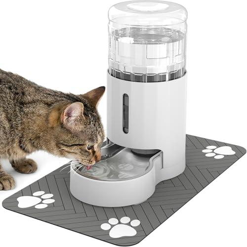 JUNSPOW Cat Water Dispenser with Placemat & Stainless Steel Bowl (4L White) | Automatic Gravity Water Dispenser for Cats or Small Medium Size Dogs, Large Capacity, Easy to Clean - color: White, size: 4L + Mat