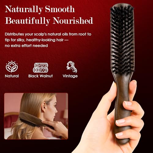 STYLEMATE Black Walnut Boar Bristle Hair Brush for Women Men, Natural Soft Bristle Hair Brush Slick Back Smoothing Hairbrush for Thin & Fine Hair - size: 1 Count (Walnut)