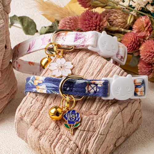 2 Pack Cotton Cat Collar White and Blue Flowers Cute Kitten Cat Collar | Breakaway Breathable Soft material With cute pendants with Bell - color: White&Blue