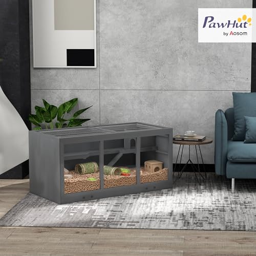 PawHut 45" Extra Large Wooden Hamster Cage 3-Layer Opening Roof Gray | Rat Cage, PVC Window, Small Animal Habitat, for Gerbil, for Dwarf & Syrian Hamsters - color: Gray