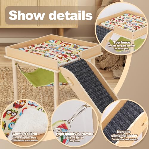 Guinea Pig Hammock with Ramp, Wooden Guinea Pig Hideout Toys with Platform, Guinea Accessories Castle with Soft Mat & Stairs for Cage Small Animals Hamsters Chinchilla Hedgehog Rat Ferret Bunny
