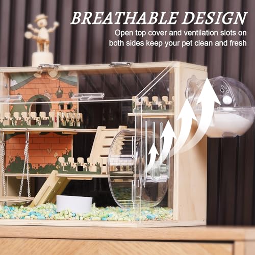 11 in 1 Wooden Hamster Cage with All Accessories, 15.8 Inch 3-Layer Dwarf Hamster Cage Acrylic,Small Animal Cages, Pastoral Style Mouse Cage for Pet Mice, Hedgehog, with Stairs, Fences and Swing - size: 15.8"L x 11.5"W x 11.8"H