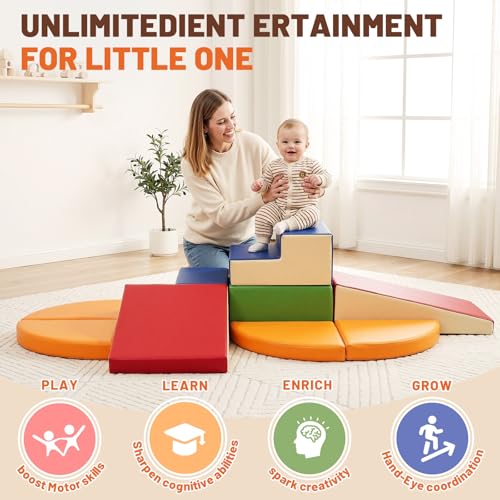 9-Piece Climbing Foam Blocks: Soft PU Leather - Baby Climb and Crawl Activity Blocks - Kids Play Gym Equipment Indoor for Development - style: Classic
