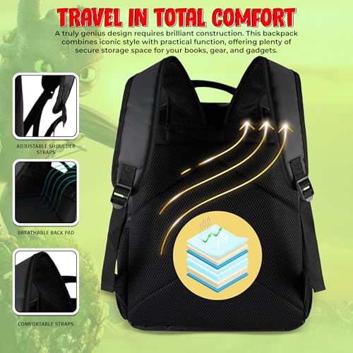 AI ACCESSORY INNOVATIONS How to Train Your Dragon Toothless Backpack, Black 16 Inch School Bag with 3D Face Applique, Green Eyes, Lightning Bolt Keychain, for Boys and Girls - style: Toothless