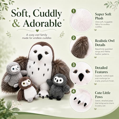 Owl Stuffed Animal with 3 Babies,18" Barn Owl Plush, Brown | 4Pcs Owl Plush Set; Mommy Owl & 3 Different-Color Babies; Zipper Belly Hide-and-Seek Play; Birthday & Christmas Gift for Kids - style: Owl Brown