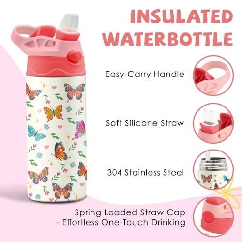 Butterfly 12 oz Water Bottle with Straw – Kids Stainless Steel Vacuum Insulated Cup, Leakproof Pop-Up Spout, Reusable Travel Mug for Boys and Girls Outdoor Sports - color: Butterfly1