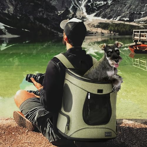 Petsfit Dog and Cat Backpack Carrier, Padded Waist Support, Up to 18 lb | 13.5 x 12.5 x 17.5 in; reinforced frame, 600D Oxford, 4 mesh panels, lockable zippers, safety tether and washable mat. - color: AGreen