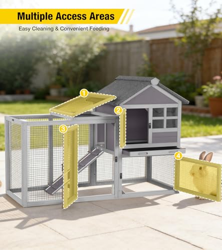 Aivituvin Two-Tier Rabbit Hutch Outdoor Bunny Cage Indoor with Weatherproof Roof Rabbit Cage with Chew-Proof Ramp and Pull-Out Tray for for Small Animals Grey