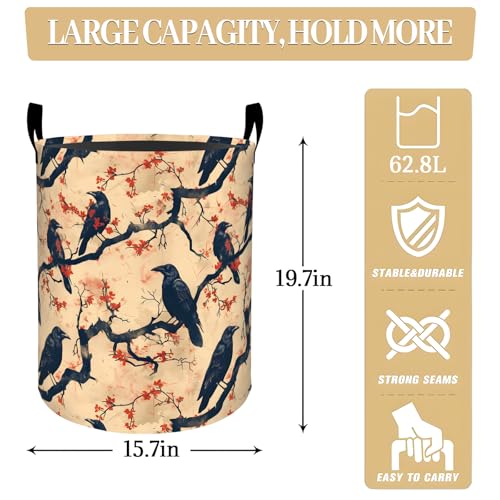 Gothic Crow on Red Blossom Branches Laundry Basket, Dorm Nursery Foldable Laundry Hamper Organizer for Bathroom Decor, Toy Clothes Storage Box for Bedroom 19.7x15.7 Inch - style: Crow03