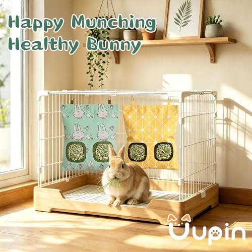 Rabbit Hay Bag 2 Pack - 2 Holes Hanging Bunny Hay Feeder Holder with Metal Hooks, Oxford Cloth Guinea Pig Feeding Bag Storage for Chinchillas Hamsters and Small Animals (Blue Yellow) - color: Blue Yellow
