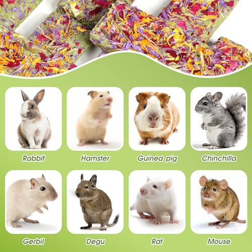 Abizoo 10pcs Timothy Hay & Alfalfa Chew Toys - Natural Crunchy Treats with Wheat Calendula Rose High Fiber for Teeth Care & Digestive Health for Bunnies, Guinea Pigs, Hamsters, Chinchillas, Gerbils