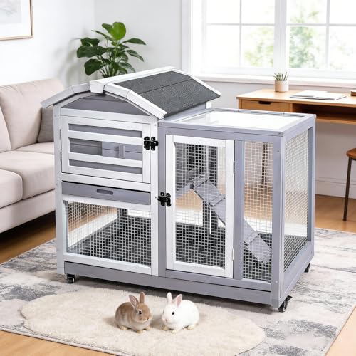 GEGURI Rabbit Hutch Indoor Rabbit Cage Outdoor, Wooden Bunny Cages for Guinea Pig with Wheels, Removable Tray, Ramp
