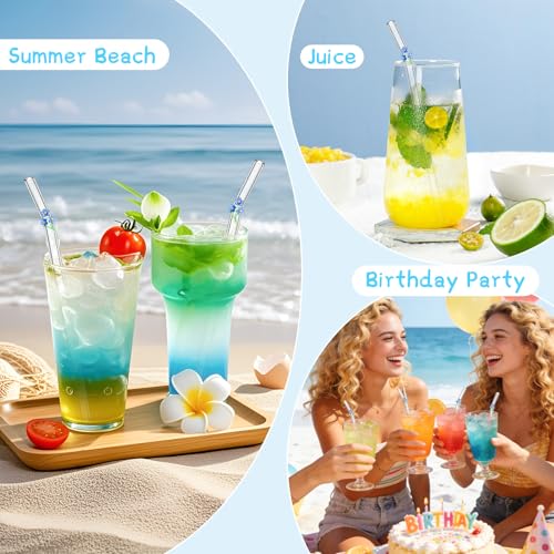 6Pcs Cute Glass Straws Shatter Resistant with 2 Cleaning Brushes, Reusable Glass Straws with Charms- Forget Me Not Blue Flowers, Party Decorations, Juice, Birthday Party(Dishwasher Safe) - style: Forget Me Not Flowers