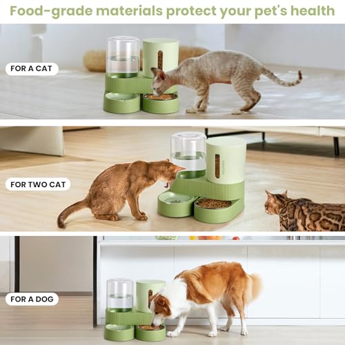 Automatic Cat Feeder Stainless Steel Water Dispenser Gravity Food Feeder and Waterer Set with Pet Food Bowl for Small Medium Kitten Puppy Pets Large Capacity(Green) - color: Green