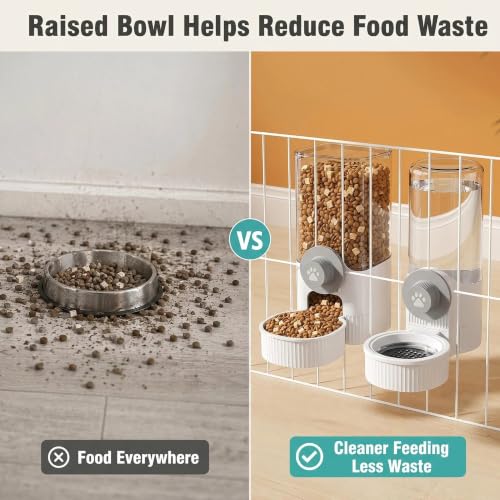 Automatic Rabbit Feeder and Water Dispenser Set,40oz Gravity Food Feeder&17oz Leak-Proof Water Bottle for Guinea Pigs,Hamsters,Chinchillas,Ferrets,Small Animals,Cage Mount Feeding Station white