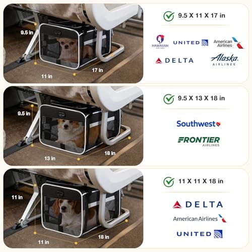 Lekereise Top-Expandable Pet Carrier 18x11x11Inch Delta American United Airline Approved Soft Sided Underseat to 15lbs Travel Carriers for Small Dogs Cats with Locking Safety Zippers Anti-Scratch Mesh - color: Black