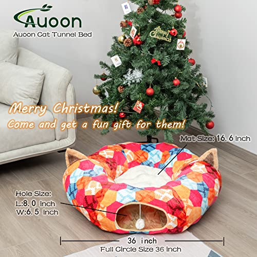AUOON Cat Donut Tunnel with Bed for Kitten Puppy Rabbit Ferret, Orange | 2-in-1 Interactive Cat Toy, with Hanging Ball Toy, Machine Washable Center Pad, 36"L x 36"W x 10.7"H - color: Orange