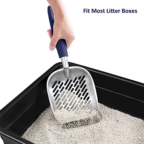 Cat Litter Scoop, Aluminum Alloy Sifter, Kitty Metal Scooper, Deep Shovel with Diagonal Sifting Hole, Long Handle, Kitten Poop Lifter for Litter Box, Medium Size, Blue Handle - color: #01 Blue, size: Medium