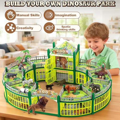 Complete 248PCS Animal Playground Set with 14 Realistic Wild Animals – Build Your Own Animal Park, Interactive Playset with Openable Fences & Battle Station, for Boys Girls Kids Toddlers 3-8 - color: Green