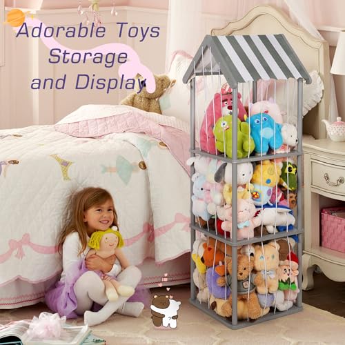 Wooden Stuffed Animal Storage Zoo 3-Tier, Anti-Tip Plush Toy Organizer | Large Capacity Stuffed Animal Organizer Holds 40+ Plushies, Anti-Tip Vertical Corner Toy Holder for Kids Nursery - color: Gray, size: Large