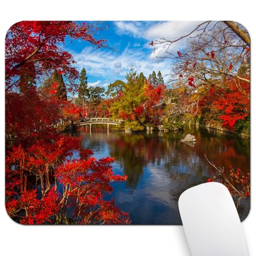 Autumn Red Maple Reflecting Pond Mouse Pad, Temple Garden Zen Desk Mat | 9.5"x 7.9", Japanese Kyoto Fall Foliage Scenery Blue Sky Nature Landscape, Cute Smooth & Anti-Slip Mousepad - color: Colorful Design Wknoon-Art 23