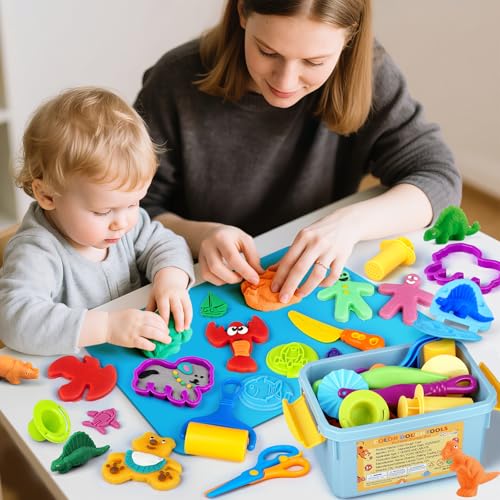 VConejo Dough Tools Play Sets for Kids, 37pcs Clay and Dough Accessories with Storage Container, Mat, Cutters, Rolling Pins, Safety Scissors, Stamps, Animal and 3D Dino Makers for Boys Girls