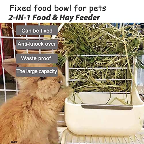 HERCOCCI Rabbit Hay Food Bin Feeder and Bunny Water Bottle Set, Hay Food Feeder Bowls Manger Rack with 500ml Hanging Water Dispenser Prevent Knock Over for Rabbit Guinea Pig Chinchilla (Large, White) - color: WHITE