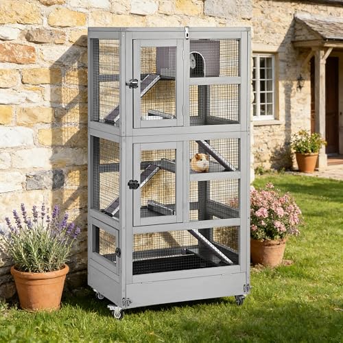 Ferret Cage Large, 5-Level Chinchilla Cage with Anti-Chewing Aluminum Frame, 55.2” Rat Hutch with Easy-Clean Deep Tray, Lockable Wheels, for Indoor & Outdoor - size: 27.6” x 20“ x 55.2“