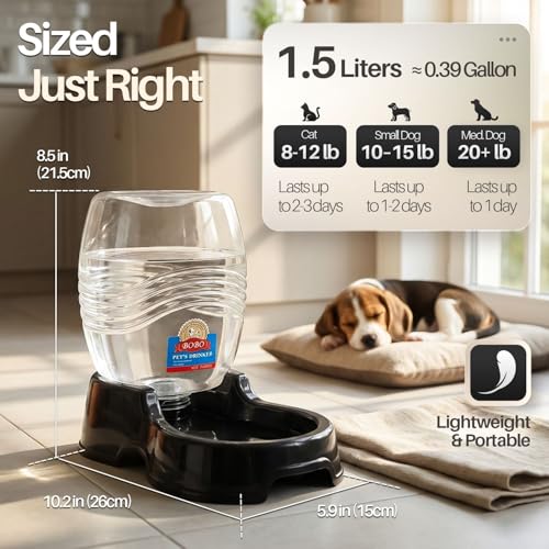Flexzion Gravity Pet Water Dispenser for Cats & Small Dogs, 1/4 Gal Black | Automatic Cat and Dog Waterer with 900 Ml Reservoir, Non-Skid Feet, Recessed Carry Handle, and Easy-Clean Pp Bowl - color: Black, size: 1.5 L
