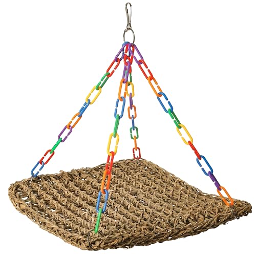 Natural Grass Bird Hammock, Climbing Perch for Pets | Woven grass pad fits cages and reptile tanks; 7.09x7.09in size provides climbing and resting space for small pet owners