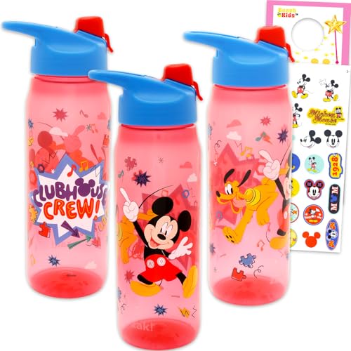 Disney Mickey Mouse Water Bottles 3 Pack - Bundle with 3 Reusable 20 Oz Drink Cups for Home, School, Sports, Party Favors Plus Stickers, More | Mickey Mouse Water Bottles Set