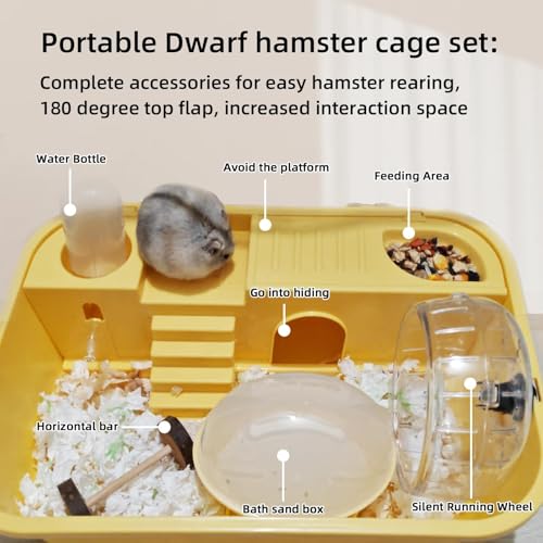 Hamiledyi Dwarf Hamster Cage Clear Plastic Small Hamster Cage Portable Carrier with Water Bottle Exercise Wheel Bathtub Box Set Toy for Dwarf Baby Hamster (Yellow) - color: Yellow