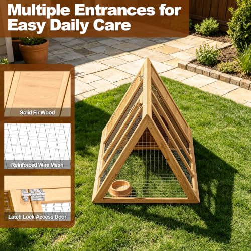Small Chicken Coop, Wooden Rabbit Hutch Outdoor, Triangular Bunny Cage with Run, 2 Door Small Animal House for Rabbits, Guinea Pigs, Chickens(Backyard)