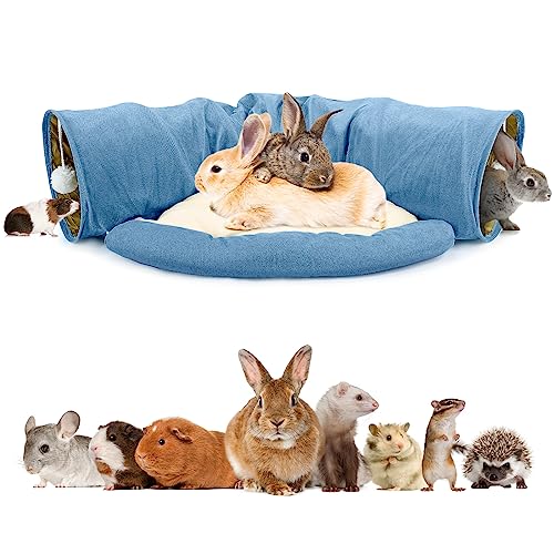 BWOGUE Bunny Tunnel Bed, 2-in-1 Collapsible Rabbit Tunnel Hideout with Mat | Rabbit Tunnel for Indoor Bunnies, 46.8 in Length, Removable Mat, Ball Toy for Play, Soft Suede Fabric, Cats Guinea Pigs - color: Blue
