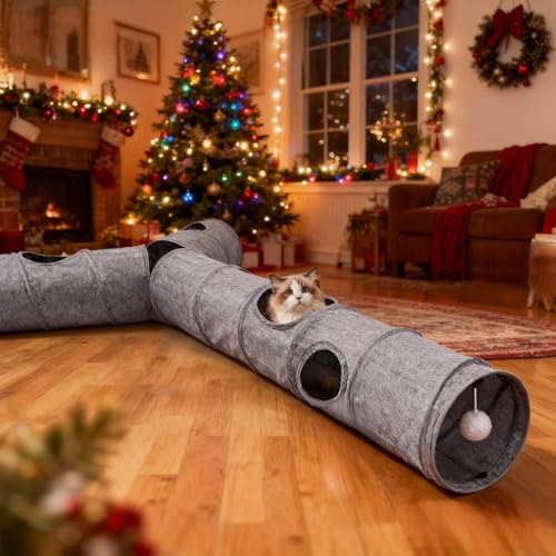 Cat Tunnel, 3 Straight Shaped Tunnels 6 DIY Shapes with Wand Toys, No Noise Scratch Resistant Cool Linen Fabric, Interactive Pet Tunnel Tube for Indoor Cats, Puppy and Rabbits - color: Grey