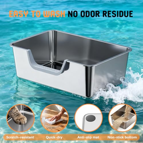 Stainless Steel Litter Box with High Sides,23.6" L X 15.7" W X 7.8" H,Extra Large Jumbo Cat Litter Box,XL Kitty Metal Liter Box for Indoor Big Cat,Non-Sticky,Anti-Leakage(Entry on Long Side) - size: Entry on Long Side
