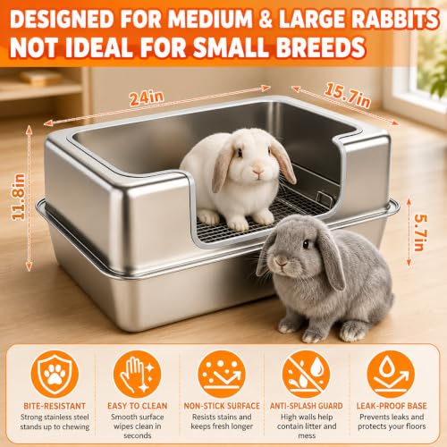 BWOGUE Extra Large Stainless Steel Rabbit Litter Box with Grid for Bunnies | Large Rabbit Litter Box, 23.6 x 15.7 x 11.2 in, High Sides, Removable Grid, Easy to Clean, Prevents Odors and Stains
