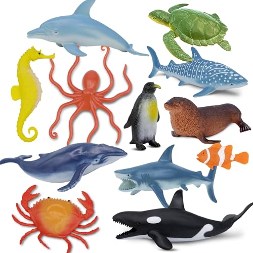 Ocean Sea Life Toy Figures Set for Kids, 12 PCS Realistic Marine Animals with Shark, Dolphin, Sea Turtle, Penguin, Seal, Clownfish, Crab, Ocean Animal Figure Toys for Boys Girls Toddlers - style: 12-PC Sea Animal Figures Set