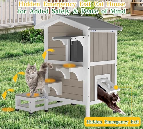 Outdoor Cat House Weatherproof Cats Shelter for Feral Kitten Pet Houses for 1-2 Small Animlas 2 Story Wooden Houses for Indoor Outdoor Cats with Escape Doors (29.7" D x 22.8" W x 35.4" H) - style: 29.7"D x 22.8"W x 35.4"H