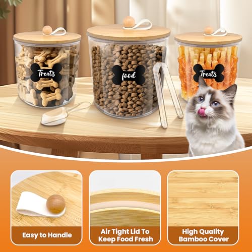 HOYTAMDAR 3 Pack Airtight Dog Treat Containers Bamboo Lids, Dog Treat Jars | Dog Food Storage Container with Scoops, Clamps, Labels and Marker, Dog & Cat Treat Holder - color: Wood - 3 Pack