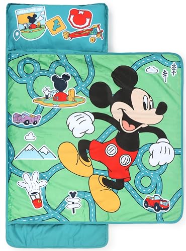 Jay Franco Kids Nap Mat with Embedded Pillow & Blanket – Soft 46"x20" Microfiber Sleeping Bag with Name Tag & Handle - style: Green - Mickey Mouse