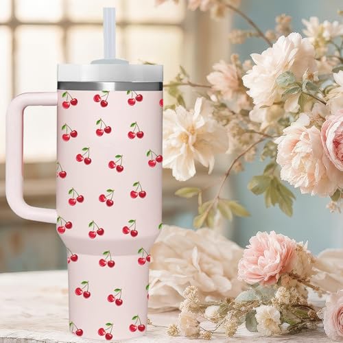 AMZUShome Cherry Gifts.40oz Cherry Tumbler with Handle.Cherries Lover Cup Gift.Birthday Christmas Cherries Tumblers Gift for Women Men. - style: Cherry
