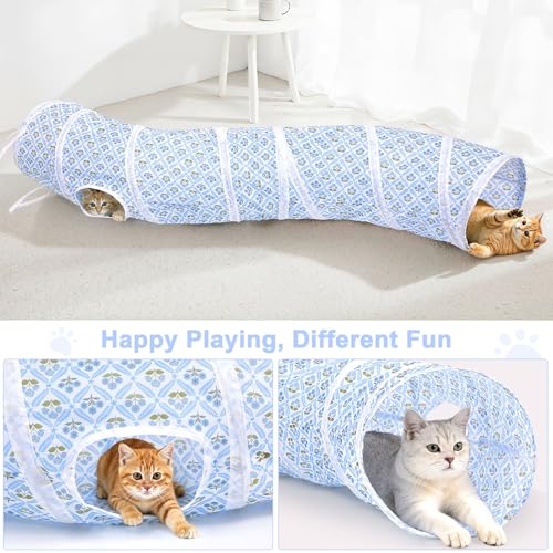Glittme S-Shape Cat Tunnel, Foldable Cat Tunnels for Indoor Cats | Interactive Bunny Tunnel And Cat Tubes With Crinkle Sounds. Ideal For Kittens, Ferrets And Small Pets To Hide, Play Or Rest - color: Blue Flowers