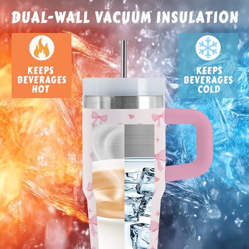 Bow 14 oz Tumbler, with Handle Straw, Stainless Steel Travel Cup | 14 oz Insulated Water Bottle, Travel Vacuum Coffee Mug, Thanksgiving Christmas Birthday Gift for Daughter, Bow Lover Gifts - color: Bow-Pink