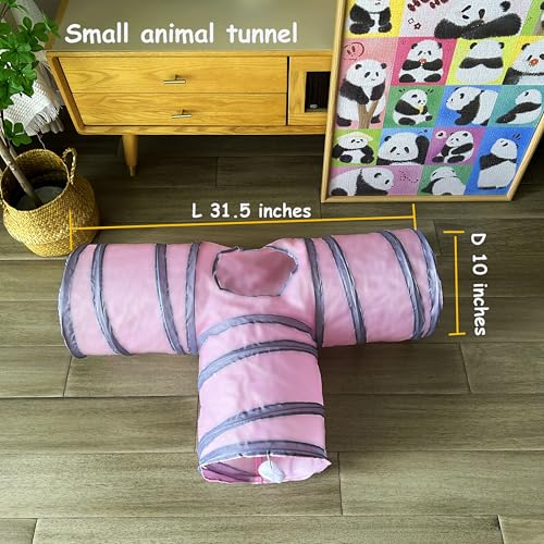 Rabbit Tunnels & Tubes Collapsible 3 Way Pink Grey, Play Tunnel Tube Toy with Hanging Ball for Kitten, Puppy, Bunny, Ferret, Interactive Toys for Fun Playtime & Exercise - color: pink