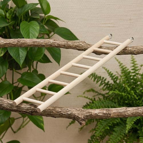 14.7 Inch Bird Ladder for Parakeets and Cockatiels, 8-Step Natural Wood Parrot Climbing Toy with Stainless Steel Hooks - Safe Chewing Cage Accessory