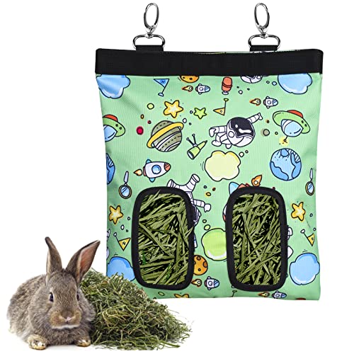 Rabbit Hay Feeder Bag Hanging Hay Rack (Pattern Green, 2 Windows) | Guinea Pigs Manger Holder Dispenser Small Animal Feeder Storage Pouch for Bunny Chinchilla Hamster - color: Pattern Green